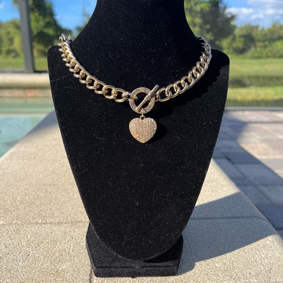Guess Jewelry - Guess Gold Tone Pave Heart Toggle Chain Necklace